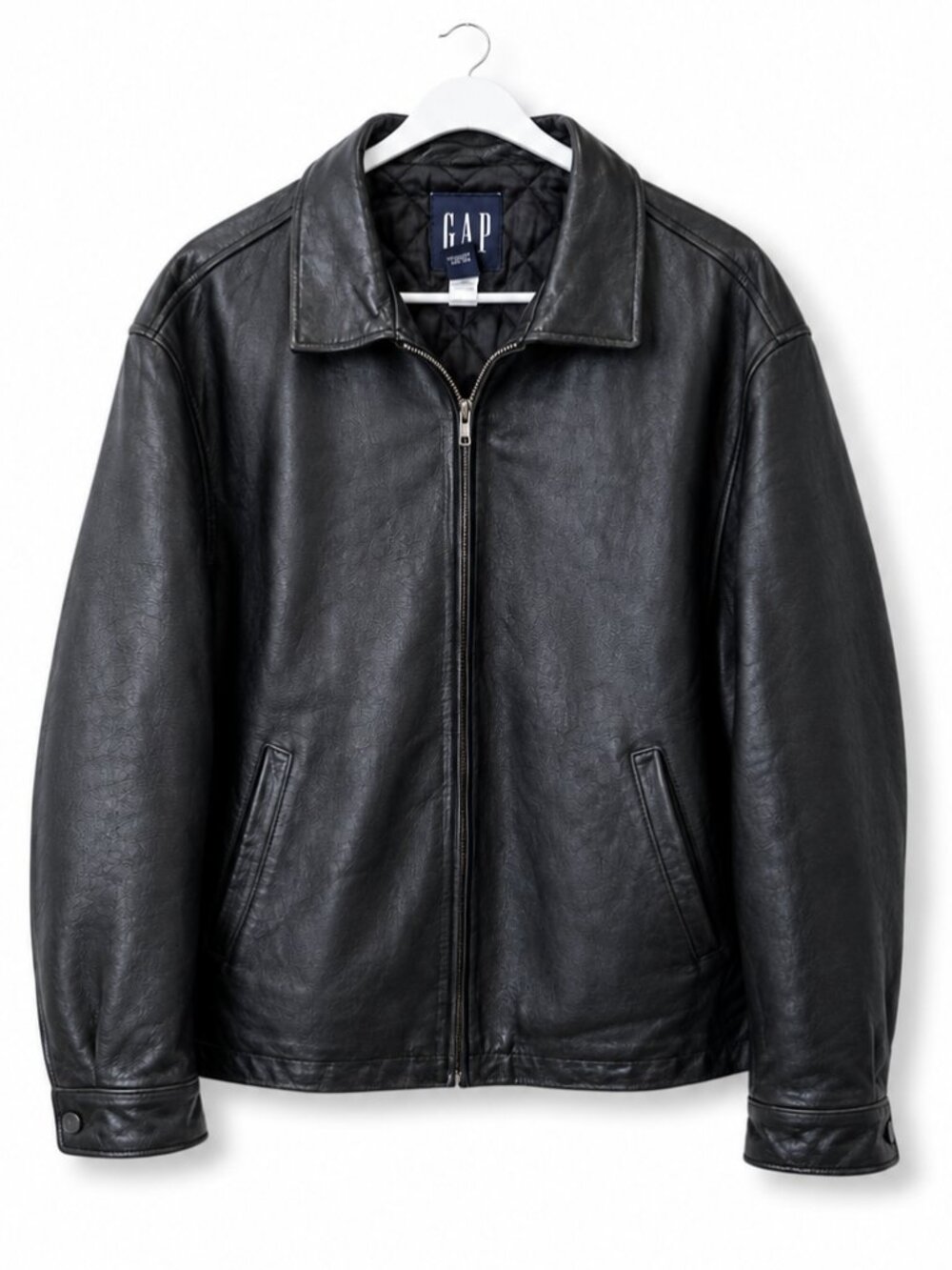 Vintage GAP Leather Jacket Men’s Large Black Quilted Lined Full Zip Y2K EUC